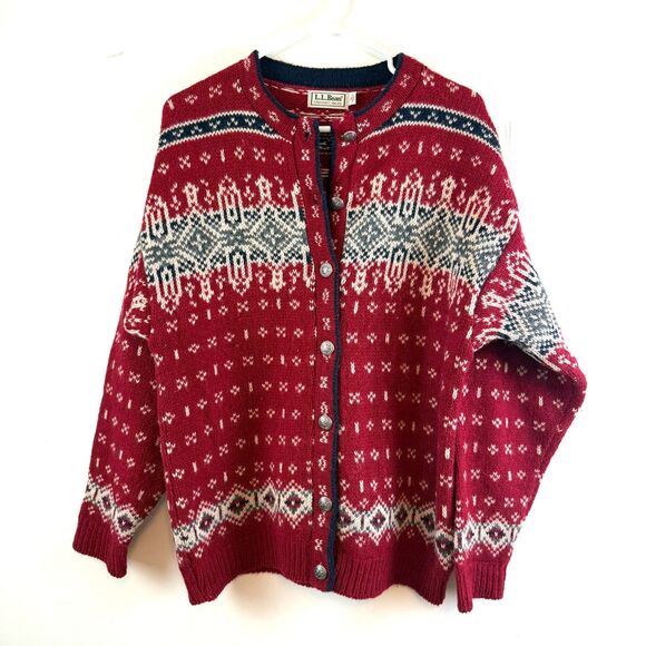 L.L. Bean Sweater Button Up Fair Isle Cardigan Women’s Large Merino Wool Red USA - Picture 1 of 10